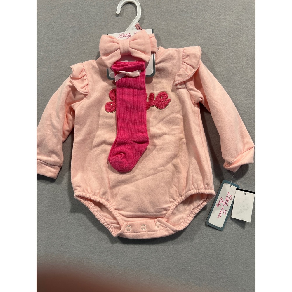Little Lass Baby Pink Love Ruffle Bodysuit Headband Socks Set 6-9M NEW